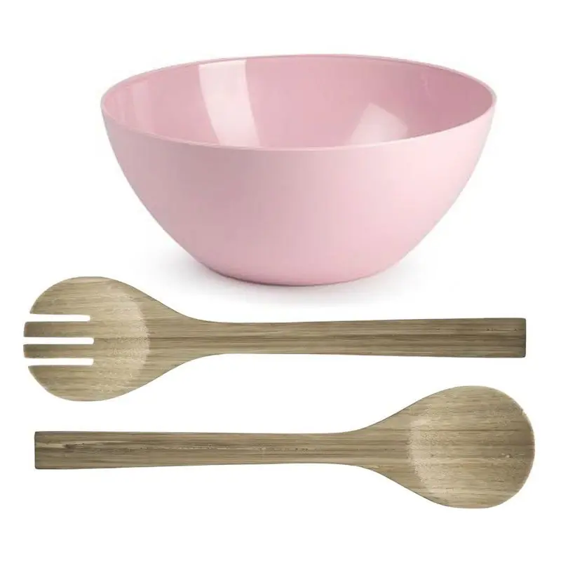 Populair Salade/fruit serveer schaal - roze - kunststof - Dia 25 cm - incl. bamboe Sla couvert/bestek - Serveerschalen
