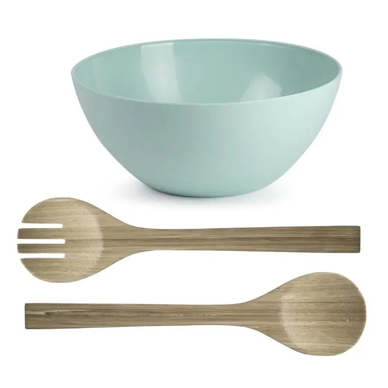 Limited Edition Salade/fruit serveer schaal - mintgroen - kunststof - Dia 25 cm - incl. bamboe Sla couvert/bestek - Serveerschalen
