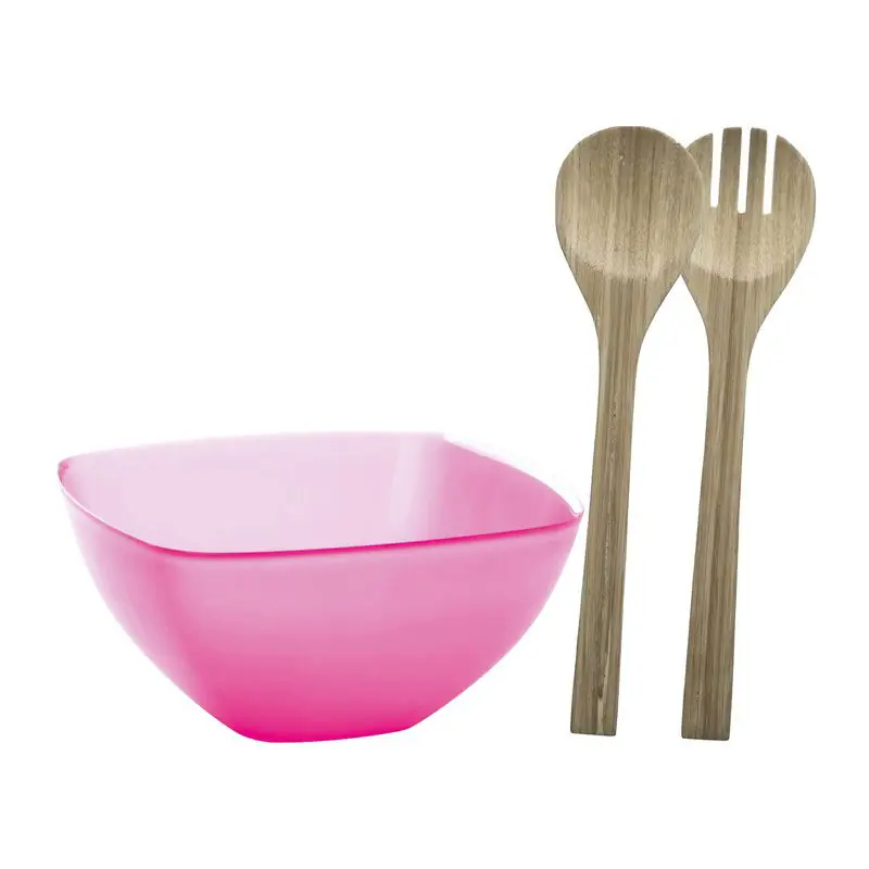Serveerschaal/slakom met bamboe sla bestek - fuchsia roze - 2,75 liter - kunststof - D22,5 x H9,5 cm - Serveerschalen Actieprijs