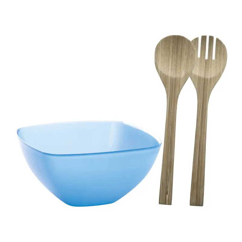 Lage Prijs Serveerschaal/slakom met bamboe sla bestek - blauw - 2,75 liter - kunststof - D22,5 x H9,5 cm - Serveerschalen