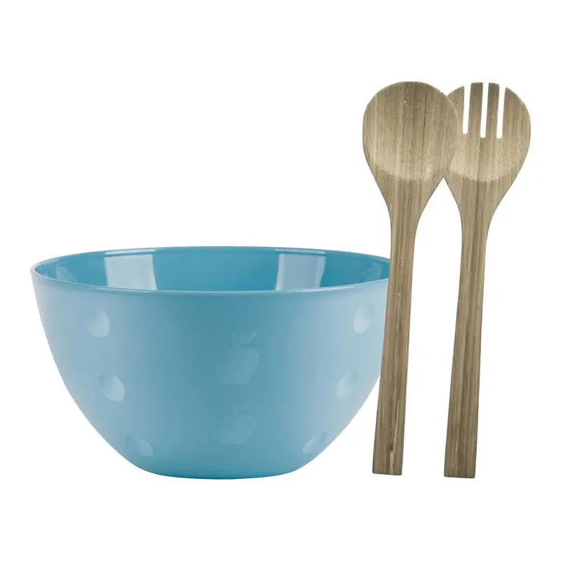 Serveerschaal/slakom met bamboe sla bestek - pastel blauw - 5 liter - kunststof - D26 x H14 cm - Serveerschalen Speciale Aanbieding