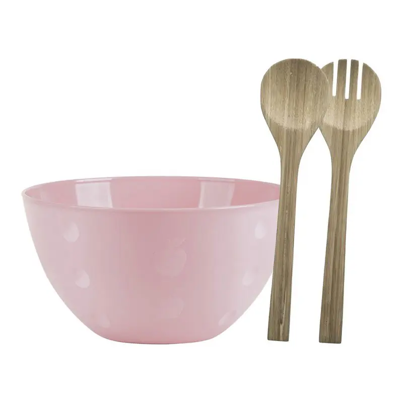 Speciale Aanbieding Serveerschaal/slakom met bamboe sla bestek - pastel roze - 5 liter - kunststof - D26 x H14 cm - Serveerschalen