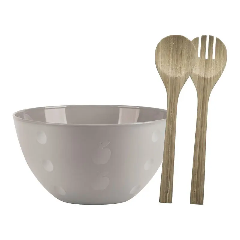 Serveerschaal/slakom met bamboe sla bestek - beige - 5 liter - kunststof - D26 x H14 cm - Serveerschalen Bulkbestelling