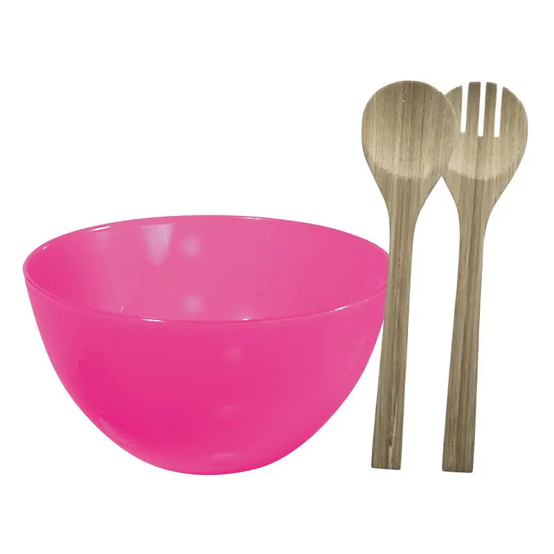Serveerschaal/slakom met bamboe sla bestek - fuchsia roze - 5 liter - kunststof - D26 x H14 cm - Serveerschalen Voordeelprijs