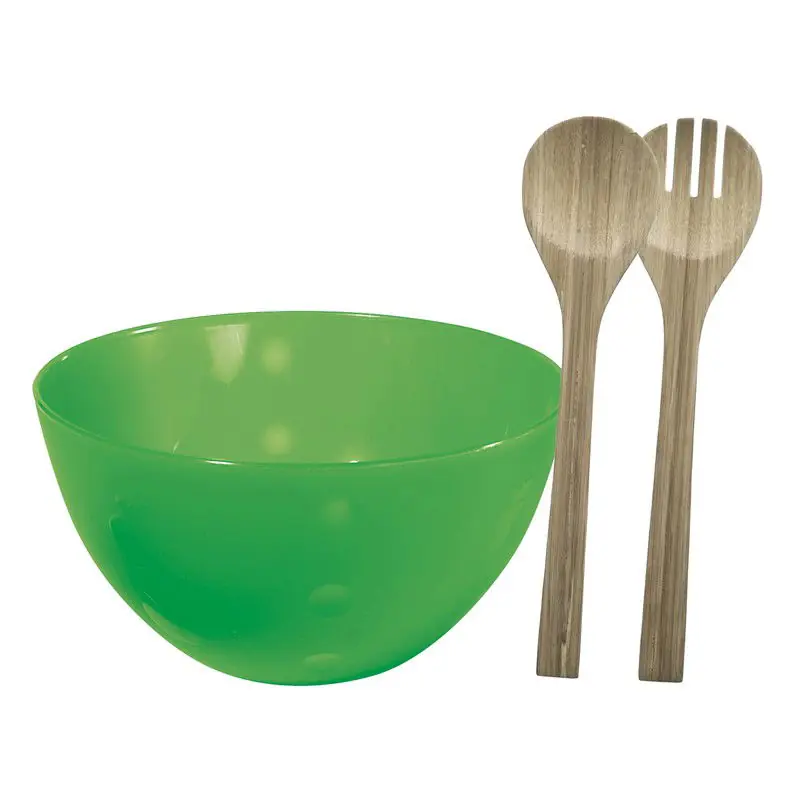 Serveerschaal/slakom met bamboe sla bestek - groen - 5 liter - kunststof - D26 x H14 cm - Serveerschalen Gratis Verzending