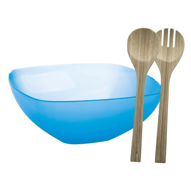 Serveerschaal/slakom met bamboe sla bestek - blauw - 5,5 liter - kunststof - D30 x H12 cm - Serveerschalen Modern