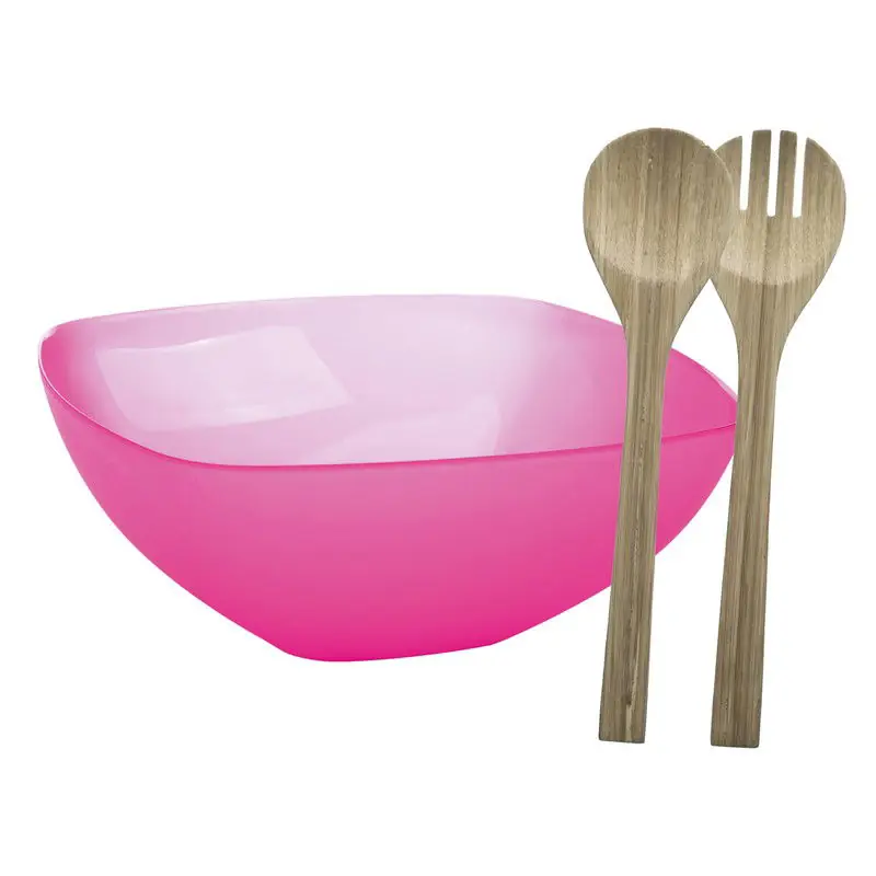 Dagaanbieding Serveerschaal/slakom met bamboe sla bestek - fuchsia roze - 5,5 liter - kunststof - D30 x H12 cm - Serveerschalen