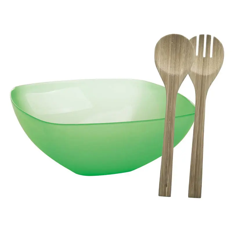 Serveerschaal/slakom met bamboe sla bestek - groen - 5,5 liter - kunststof - D30 x H12 cm - Serveerschalen Voordeelprijs