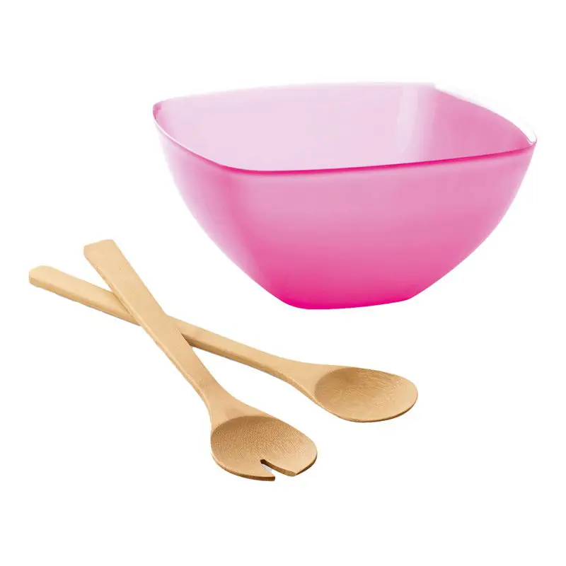 Serveerschaal/slakom met bamboe sla bestek - fuchsia roze - 2,75 liter - kunststof - D22,5 x H9,5 cm - Serveerschalen In De Mode