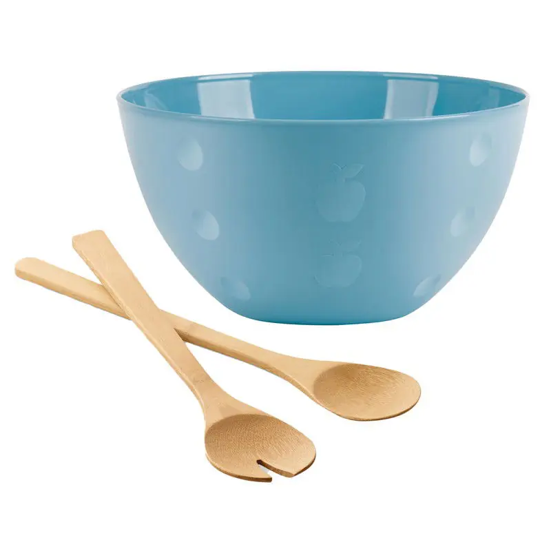 Gratis Retour Serveerschaal/slakom met bamboe sla bestek - pastel blauw - 5 liter - kunststof - D26 x H14 cm - Serveerschalen