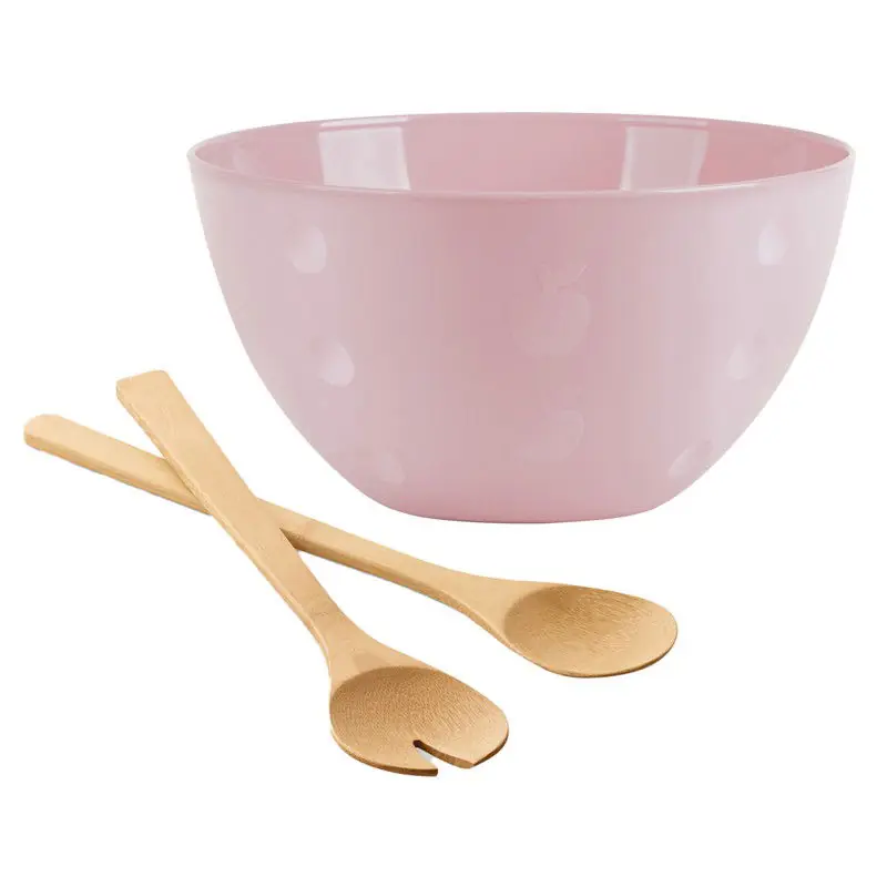 Serveerschaal/slakom met bamboe sla bestek - pastel roze - 5 liter - kunststof - D26 x H14 cm - Serveerschalen Wereldwijde Verzending