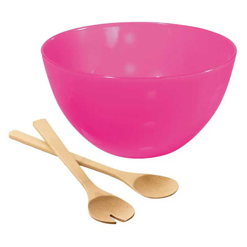 Serveerschaal/slakom met bamboe sla bestek - fuchsia roze - 5 liter - kunststof - D26 x H14 cm - Serveerschalen Modern