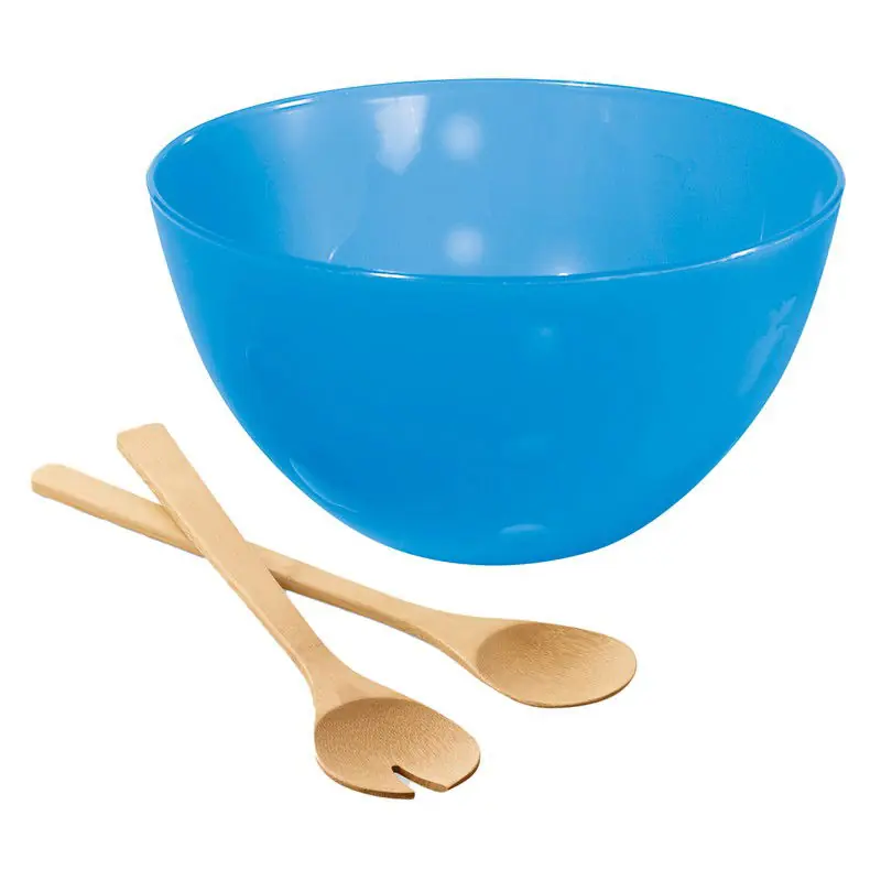 Aanbieding Serveerschaal/slakom met bamboe sla bestek - blauw - 5 liter - kunststof - D26 x H14 cm - Serveerschalen