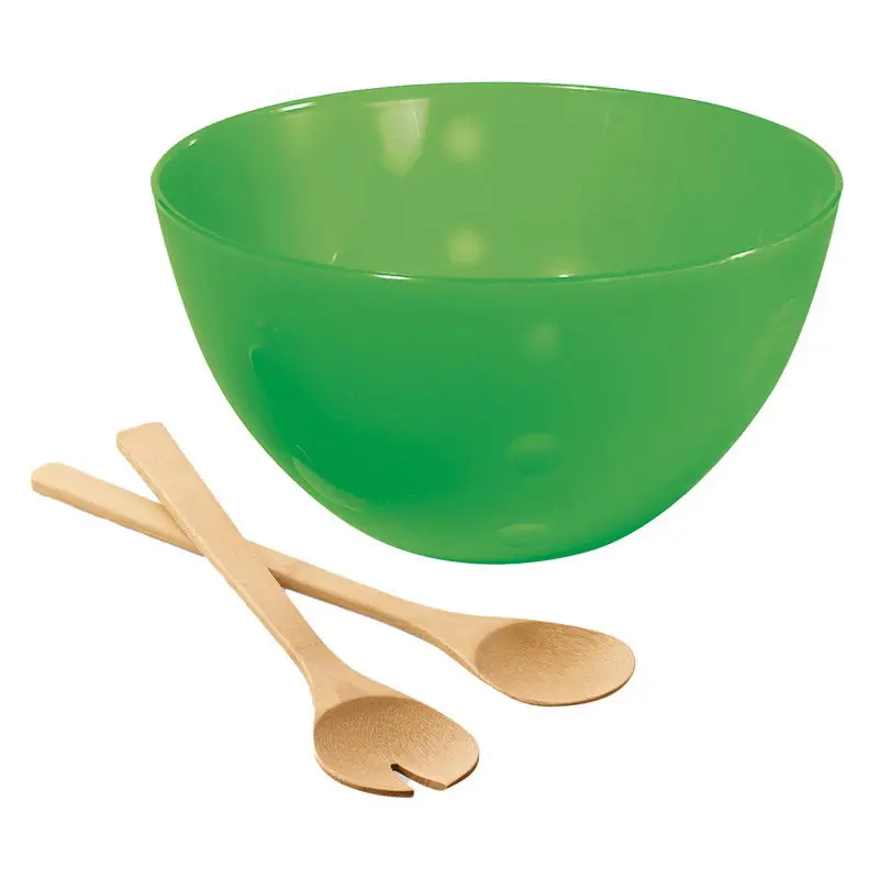 Serveerschaal/slakom met bamboe sla bestek - groen - 5 liter - kunststof - D26 x H14 cm - Serveerschalen Gratis Retour