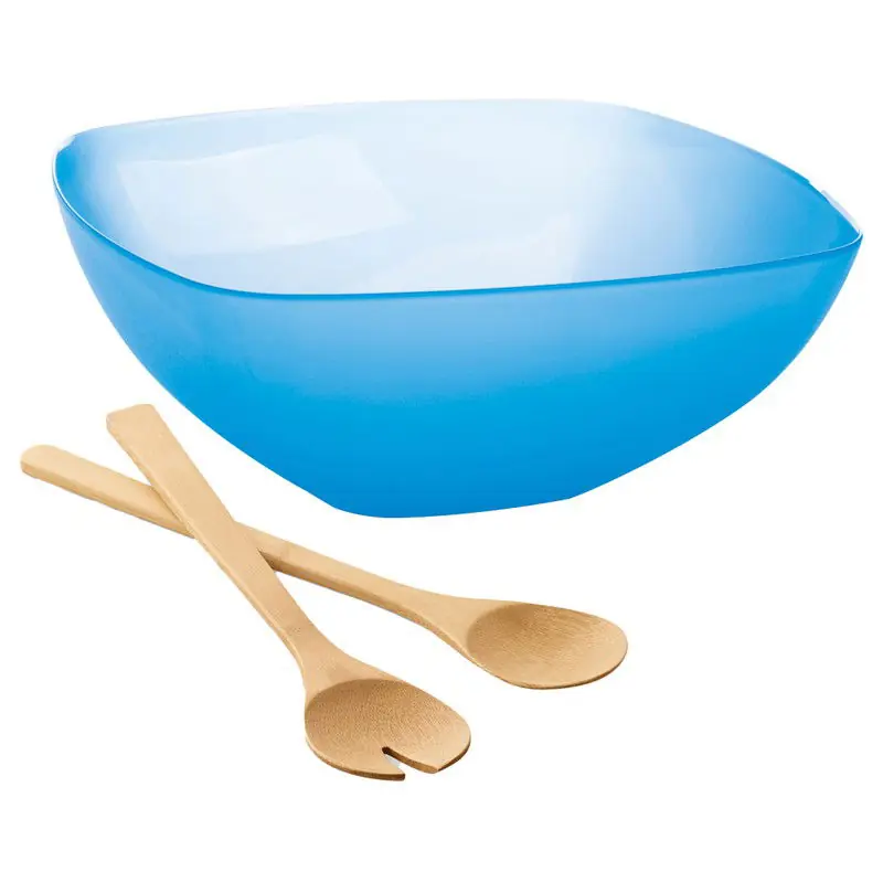 Finale Uitverkoop Serveerschaal/slakom met bamboe sla bestek - blauw - 5,5 liter - kunststof - D30 x H12 cm - Serveerschalen