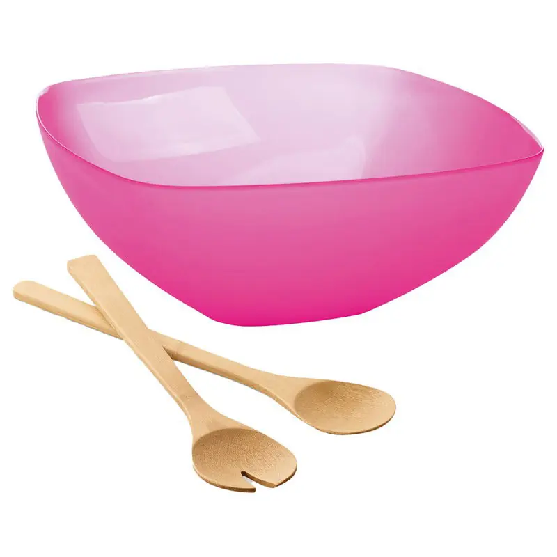 Serveerschaal/slakom met bamboe sla bestek - fuchsia roze - 5,5 liter - kunststof - D30 x H12 cm - Serveerschalen Favoriet