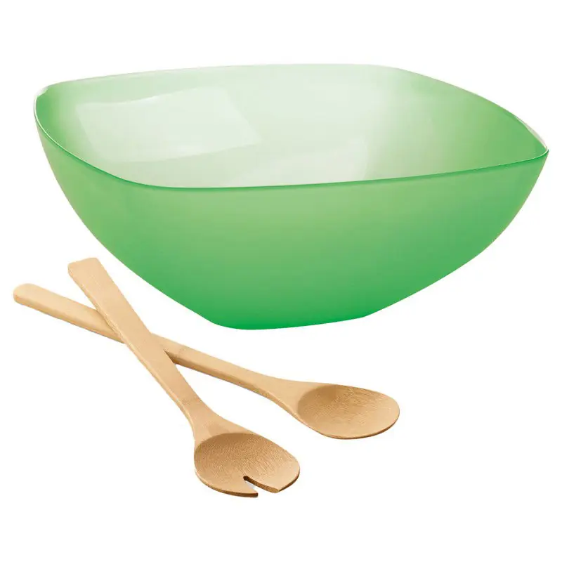 Hete Deal Serveerschaal/slakom met bamboe sla bestek - groen - 5,5 liter - kunststof - D30 x H12 cm - Serveerschalen