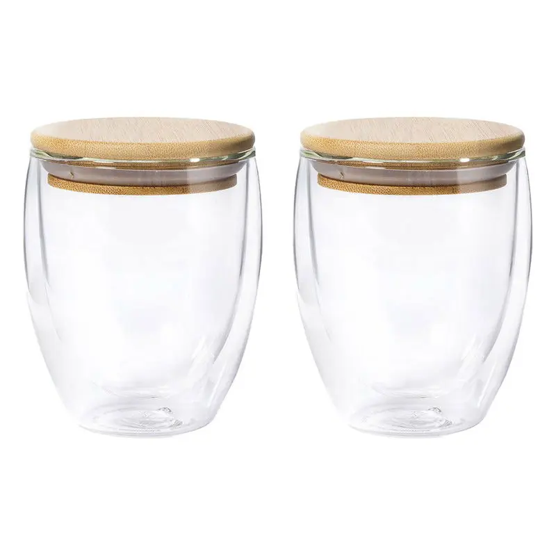 Uitverkoop Thermische koffieglazen/theeglazen dubbelwandig - 2x - met bamboe deksel - 250 ml - Koffie- en theeglazen