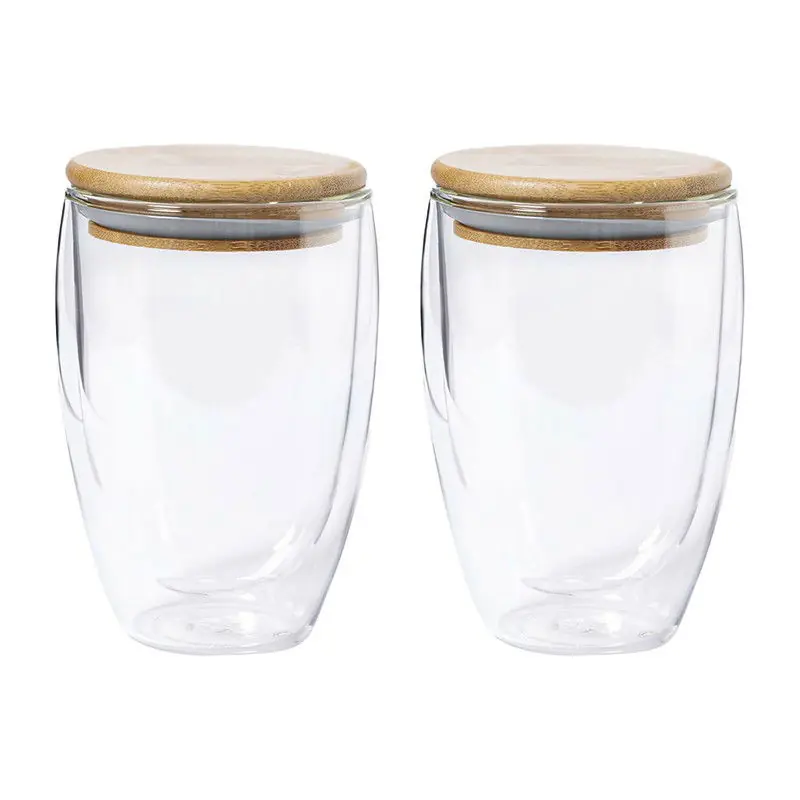 Seizoensaanbieding Koffieglazen - dubbelwandig - 2x stuks - 350 ml - met bamboe deksel - Koffie- en theeglazen