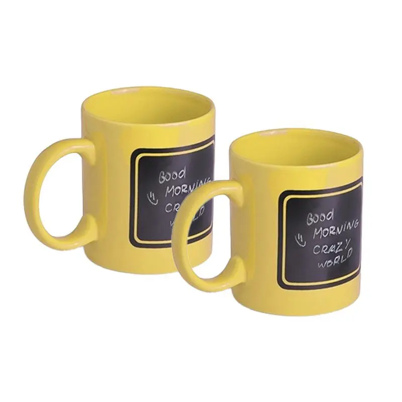 Luxe krijt koffiemok/beker - 2x - geel - keramiek - met zwart schrijfvlak - 350 ml - Bekers Handgemaakt