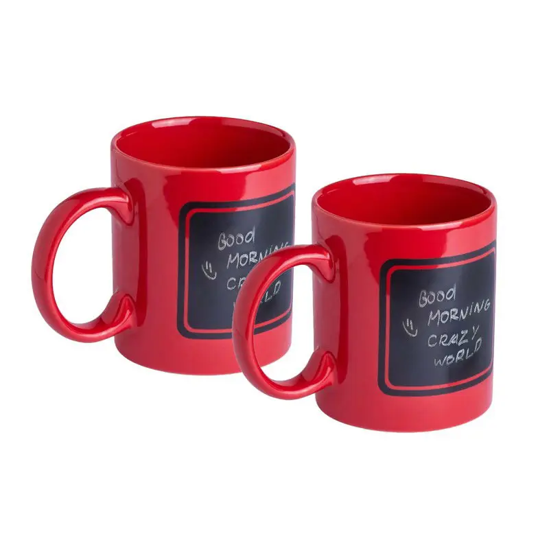 Trendy Luxe krijt koffiemok/beker - 2x - rood - keramiek - met zwart schrijfvlak - 350 ml - Bekers